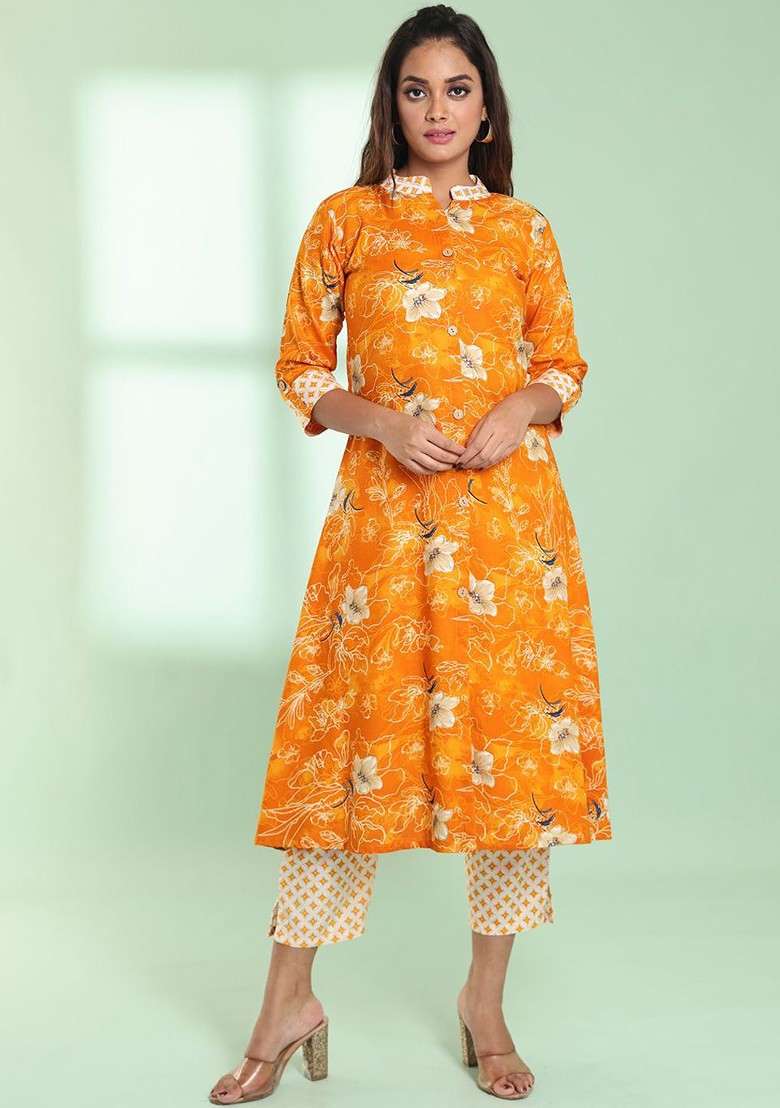 Yellow Floral Print Rayon A Line Kurta Set - Indya