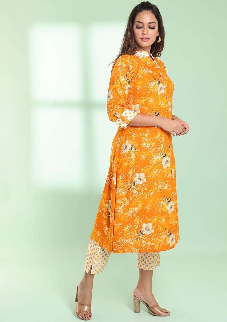 Yellow Floral Print Rayon A Line Kurta Set - Indya