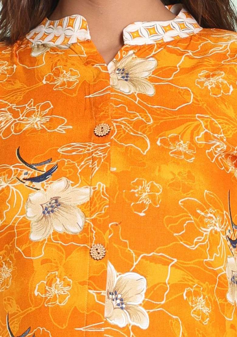 Yellow Floral Print Rayon A Line Kurta Set - Indya