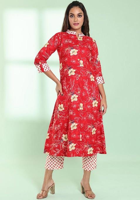 Red Floral Print Rayon Kurta Set