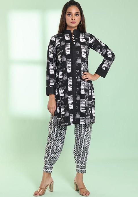 Black Printed Cotton Kurta Set