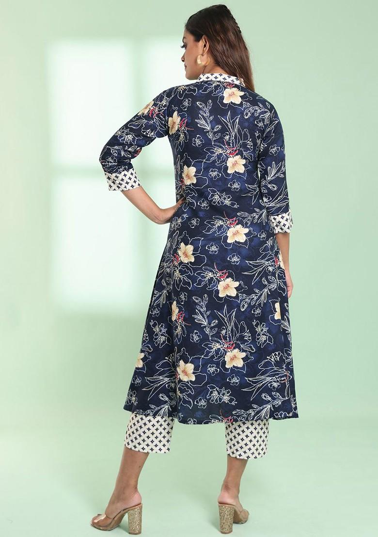 Navy Blue Floral Print Rayon A Line Kurta Set - Indya