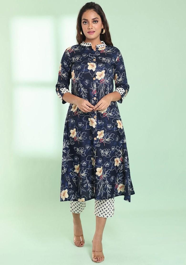 Navy Blue Floral Print Rayon A Line Kurta Set - Indya