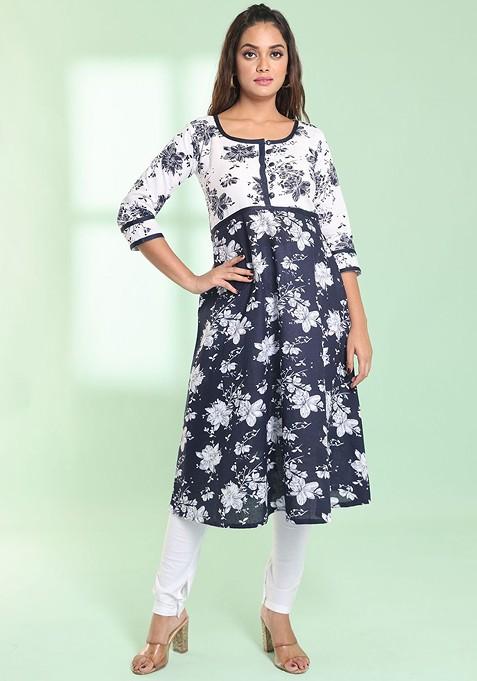 Navy Blue Floral Print Cotton Kurta Set