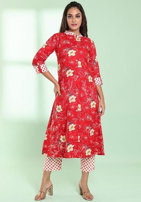 Red Floral Print Rayon Kurta Set