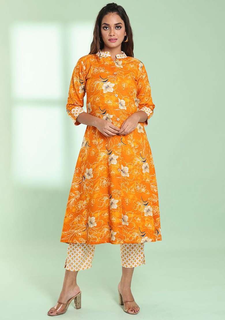 Yellow Floral Print Rayon A Line Kurta Set - Indya