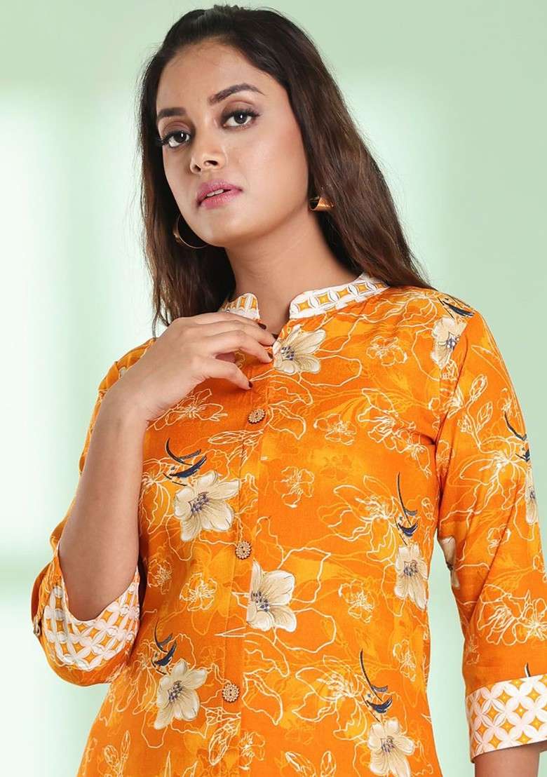 Yellow Floral Print Rayon A Line Kurta Set - Indya