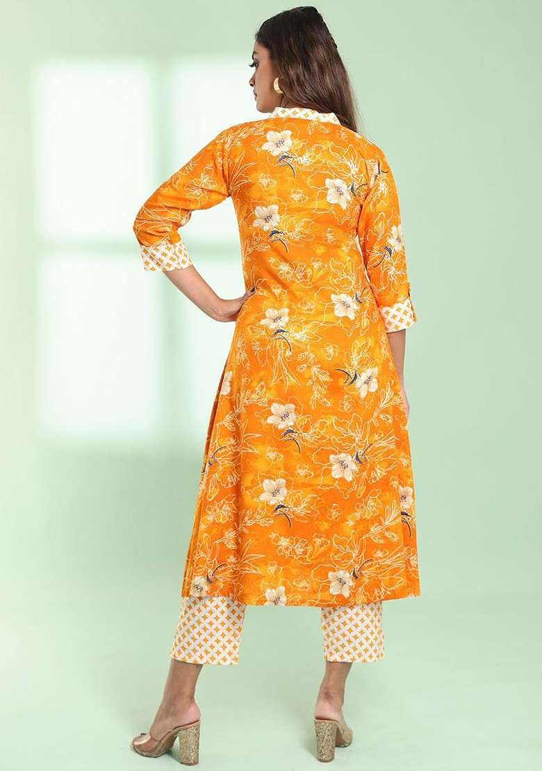 Yellow Floral Print Rayon A Line Kurta Set - Indya