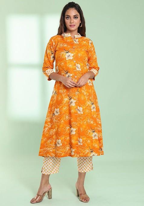 Yellow Floral Print Rayon Kurta Set