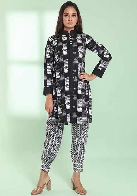 Black Printed Cotton Kurta Set