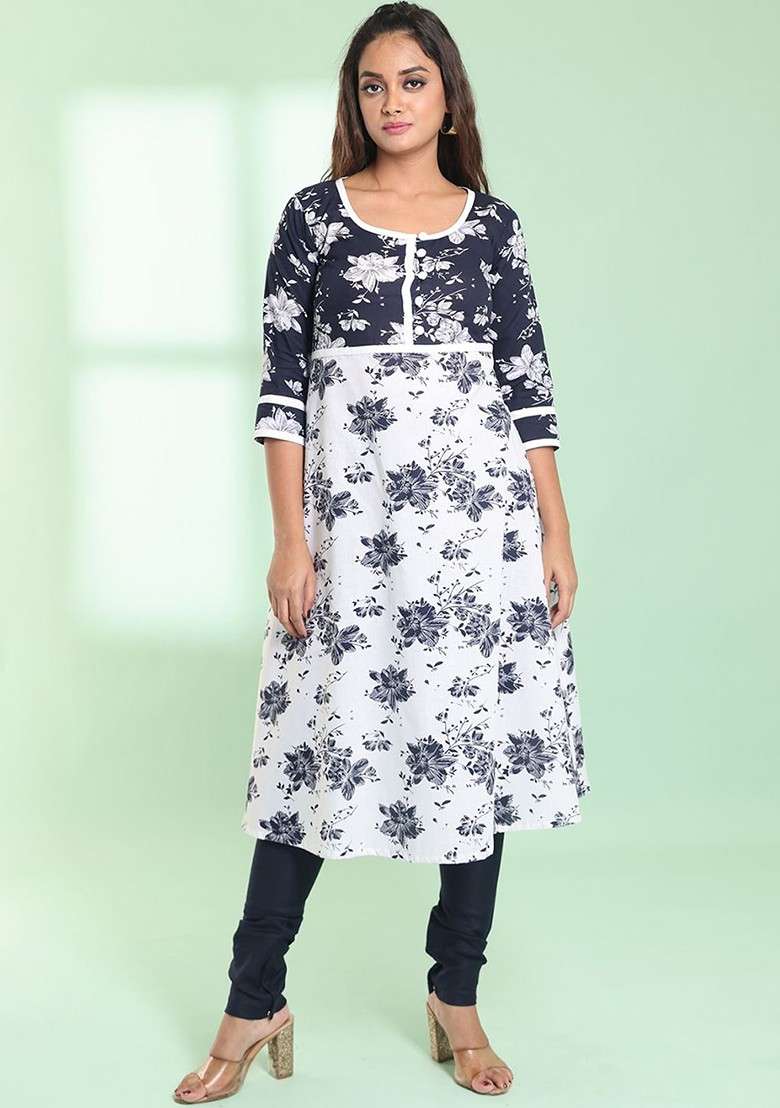 White Floral Print Cotton A Line Kurta Set - Indya