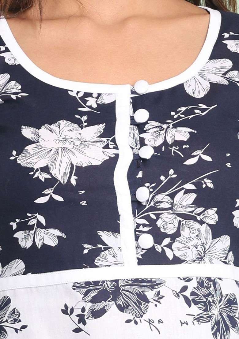 White Floral Print Cotton A Line Kurta Set - Indya
