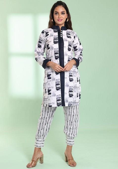 White Printed Cotton Kurta Set