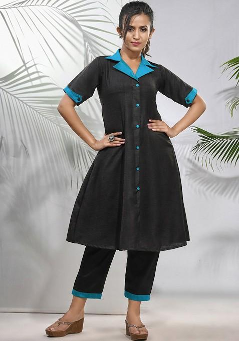 Black Solid Poly Silk Kurta Set