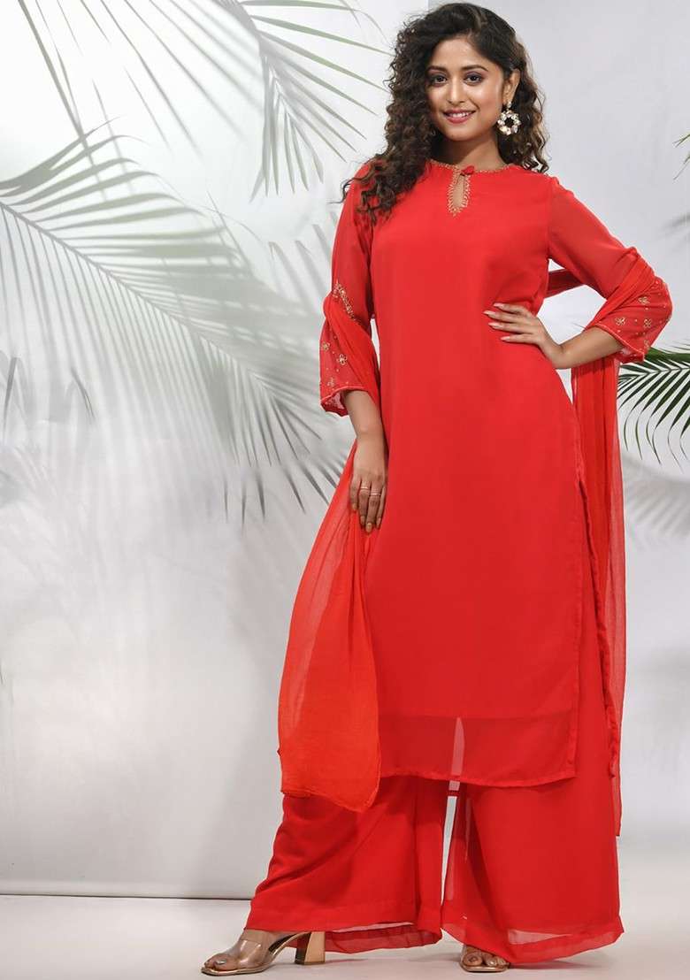 Red Solid Georgette Straight Kurta Set - Indya