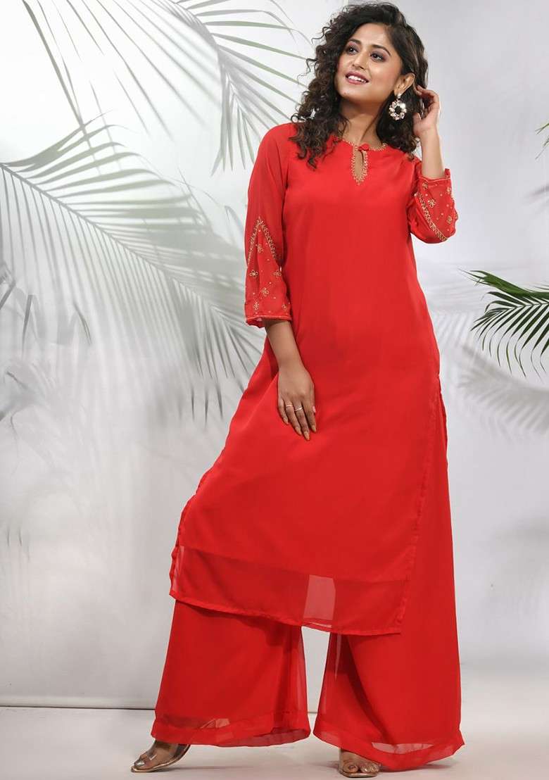 Red Solid Georgette Straight Kurta Set - Indya