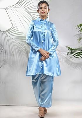 Blue Embellished Satin Co-Ord Set