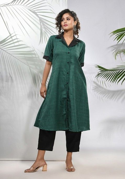 Green Solid Poly Silk Kurta Set