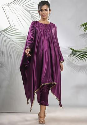 Purple Solid Satin Kurta Set