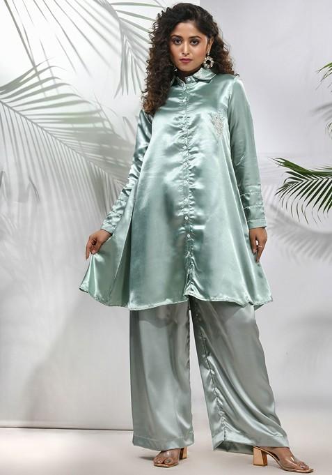 Green Embellished Satin Co-Ord Set