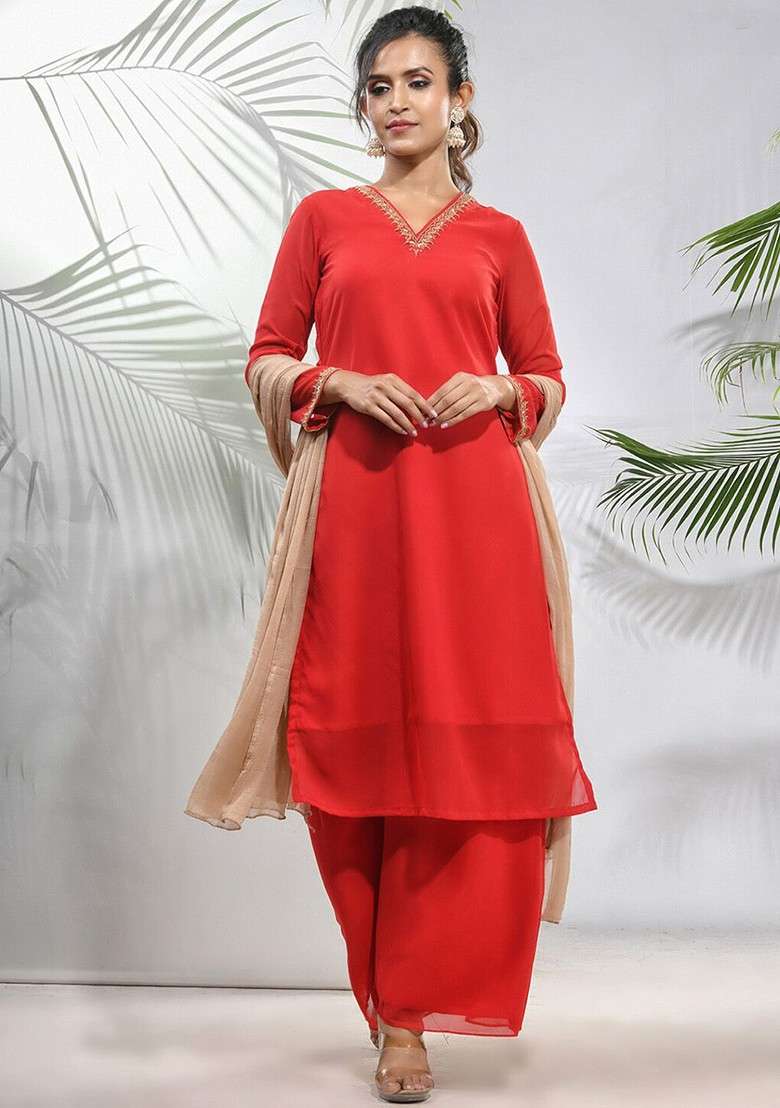 Red Solid Georgette Straight Kurta Set - Indya