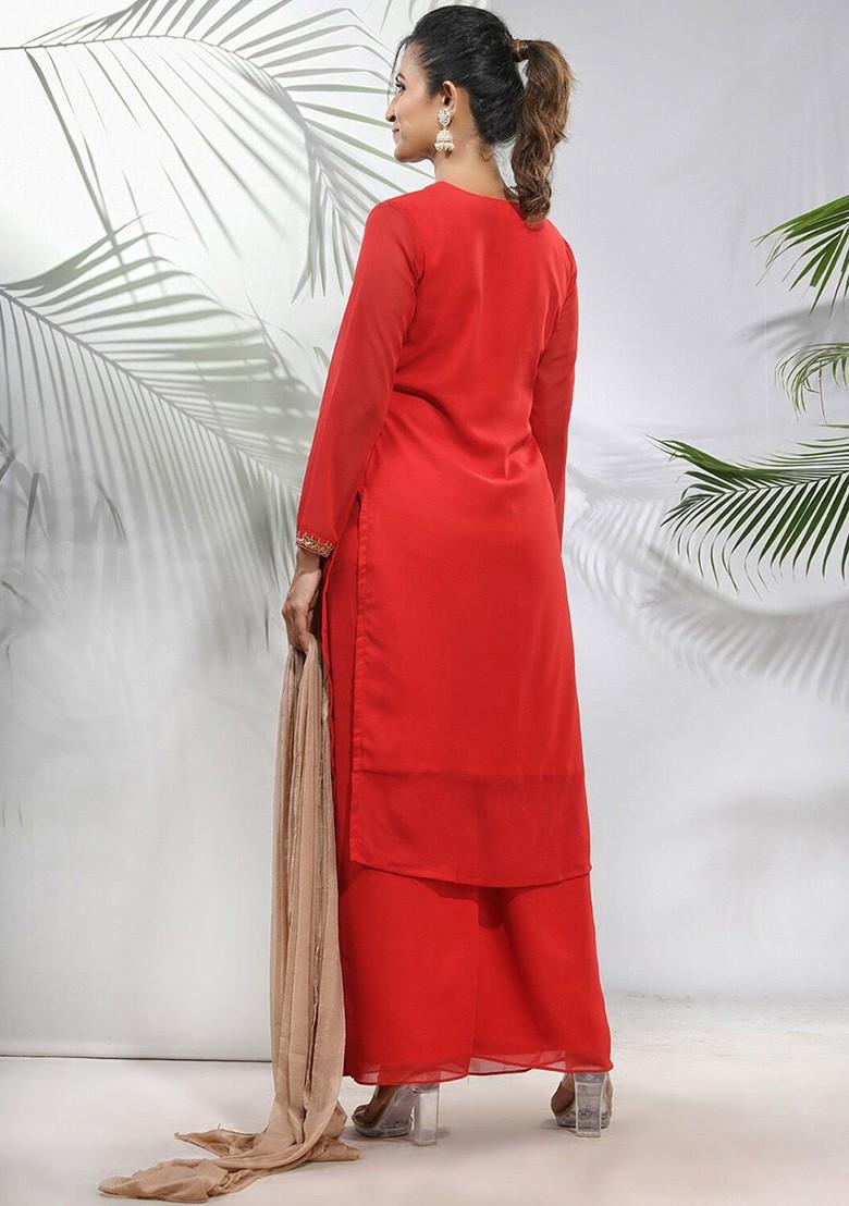 Red Embroidered Georgette Kurta Set