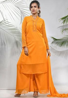 Yellow Embroidered Georgette Straight Kurta Set