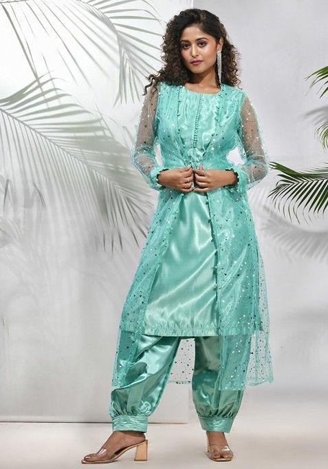 Green Solid Satin Kurta Set