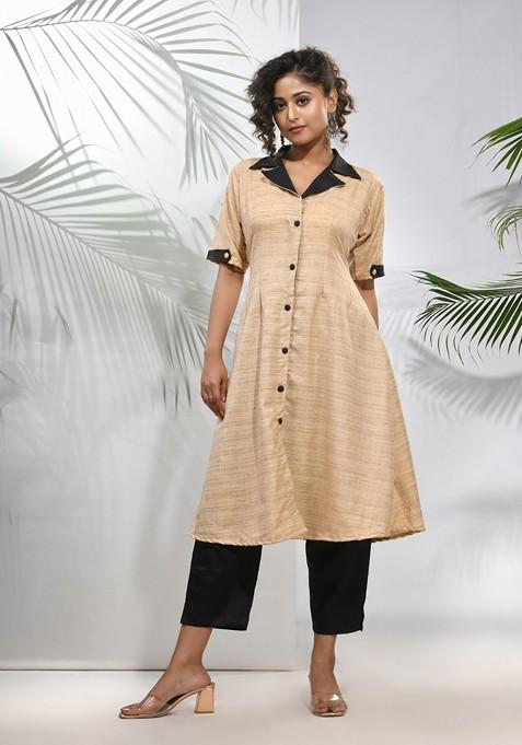 Beige Solid Poly Silk Kurta Set