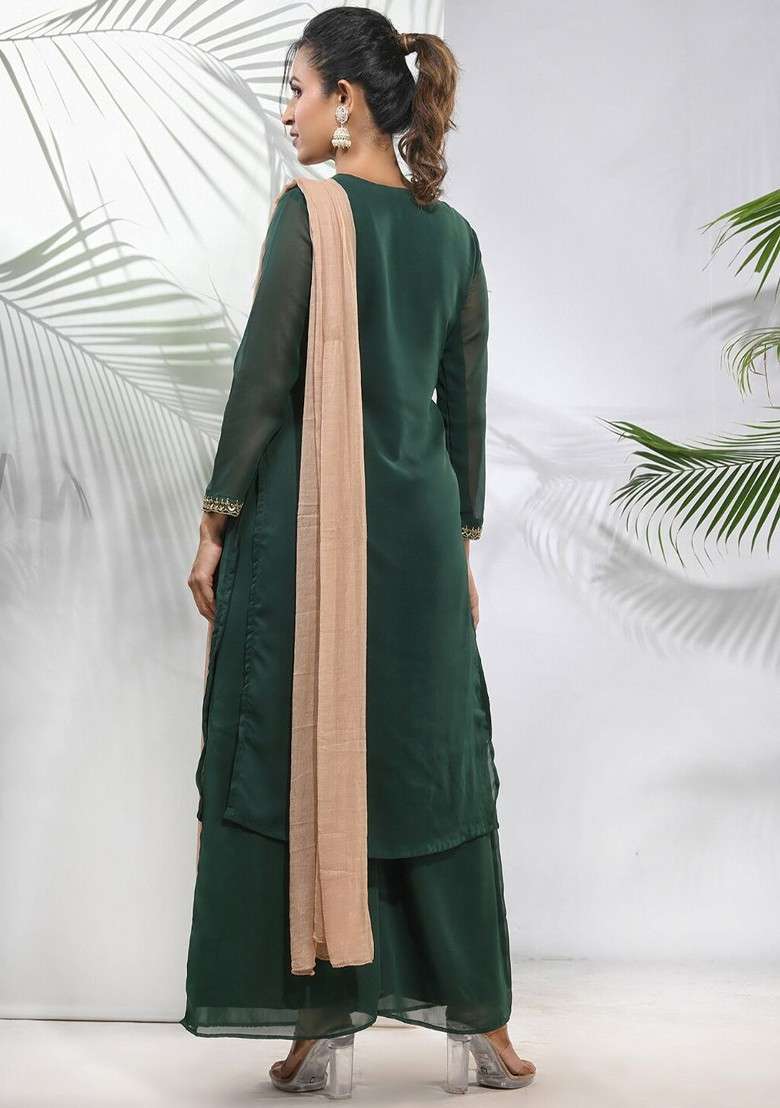 Green Embroidered Georgette Straight Kurta Set - Indya