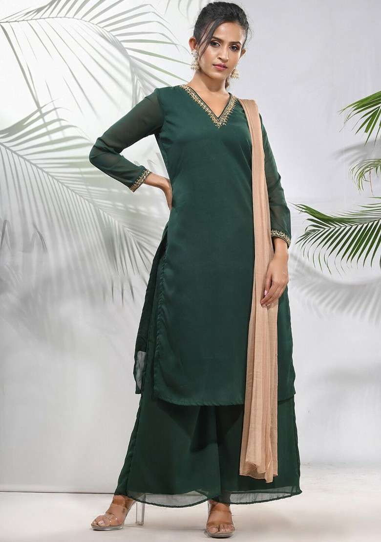 Green Embroidered Georgette Straight Kurta Set - Indya