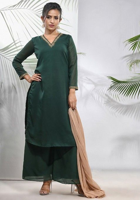 Green Embroidered Georgette Kurta Set