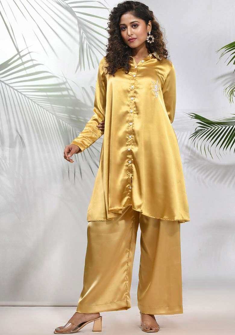 Mustard Yellow Solid Satin Co Ord Set for Diwali | Wedding & Festive Wear - Indya