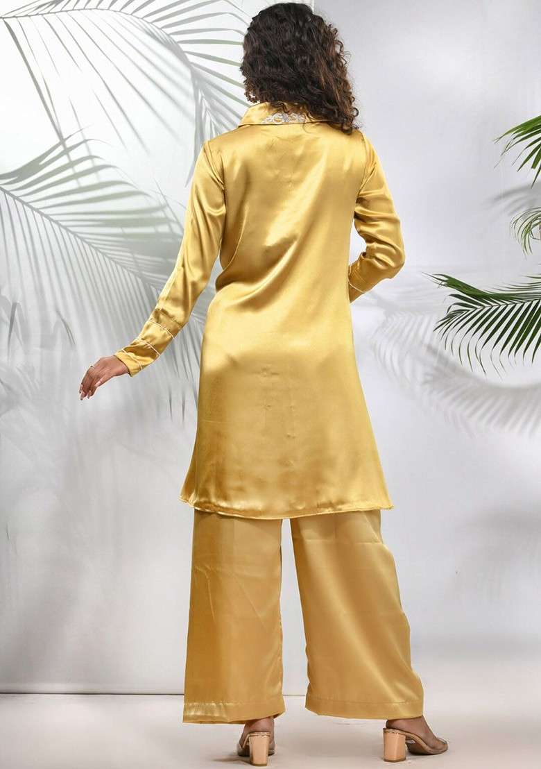 Mustard Yellow Solid Satin Co Ord Set for Diwali | Wedding & Festive Wear - Indya
