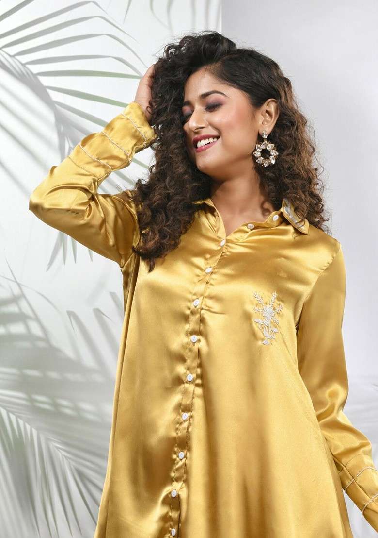 Mustard Yellow Solid Satin Co Ord Set for Diwali | Wedding & Festive Wear - Indya