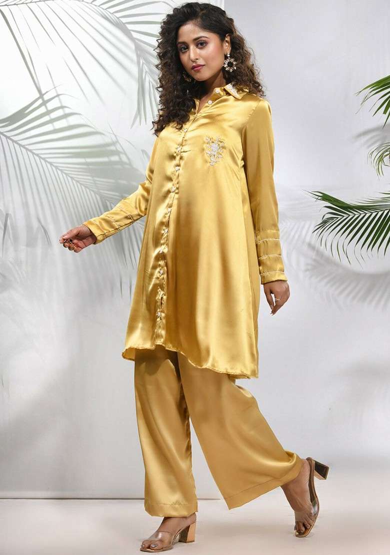 Mustard Yellow Solid Satin Co Ord Set for Diwali | Wedding & Festive Wear - Indya