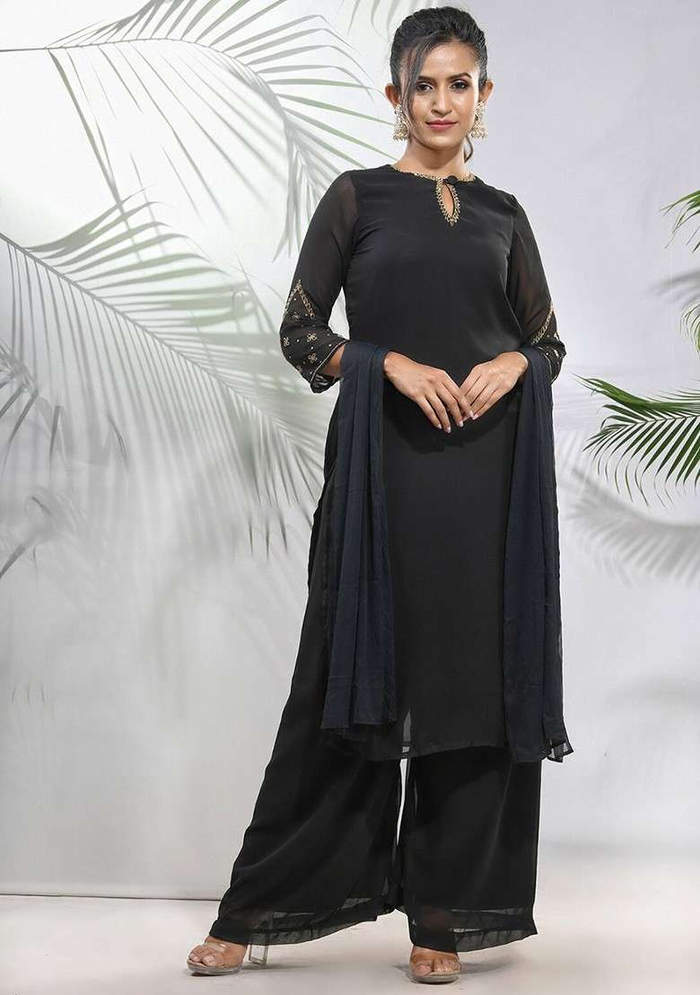 Black Embroidered Georgette Straight Kurta Set - Indya