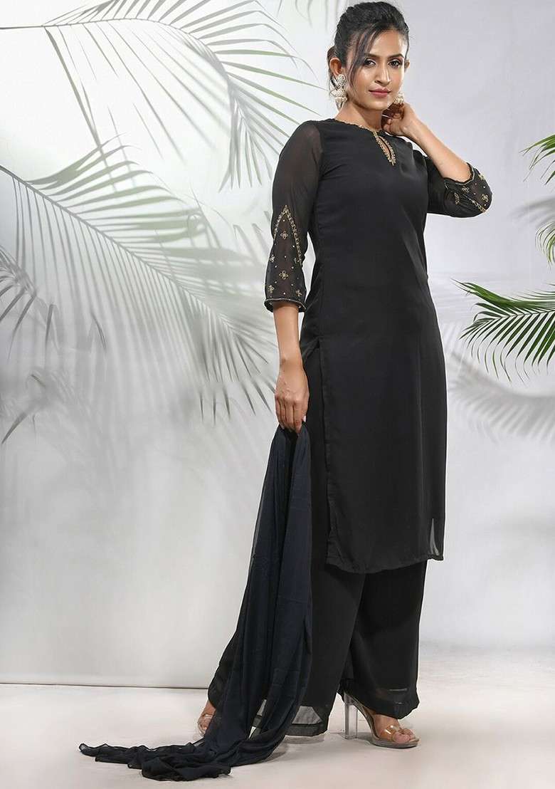 Black Embroidered Georgette Straight Kurta Set - Indya