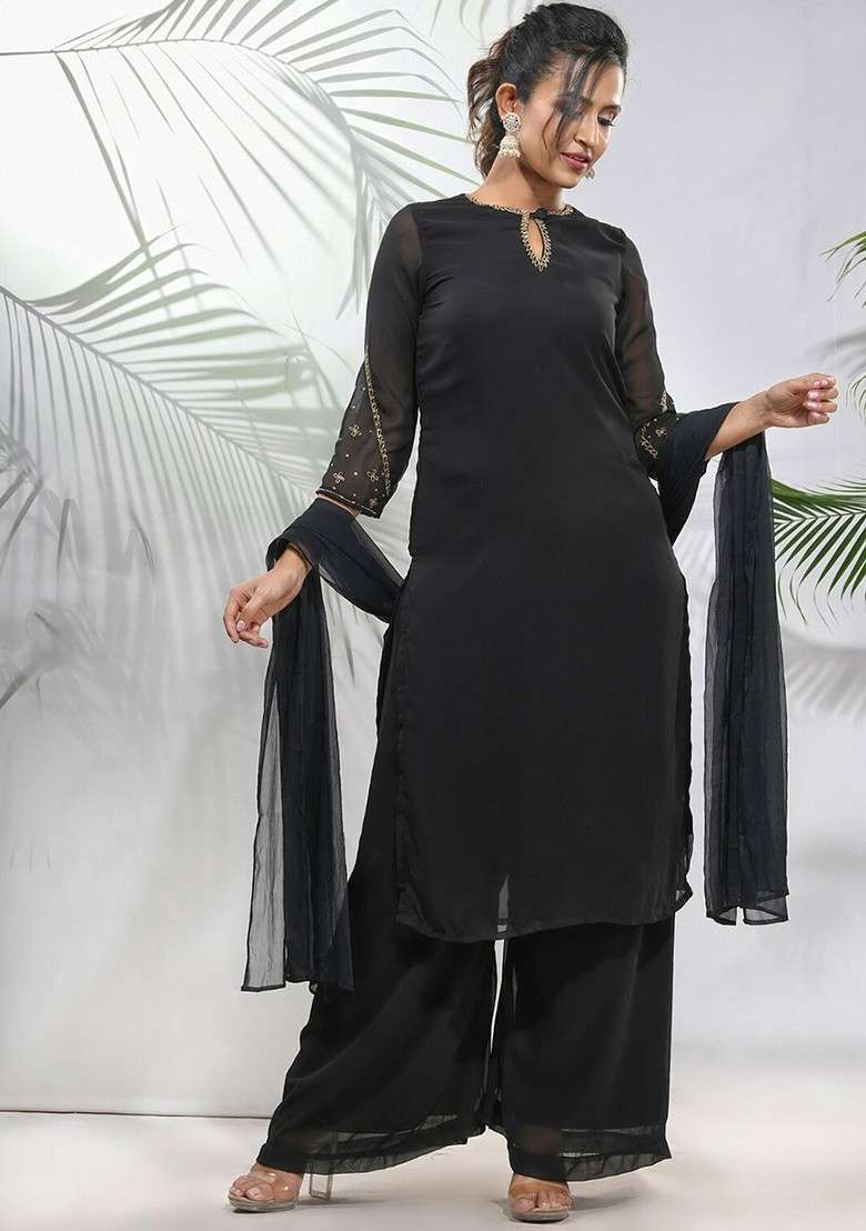 Black Embroidered Georgette Straight Kurta Set - Indya