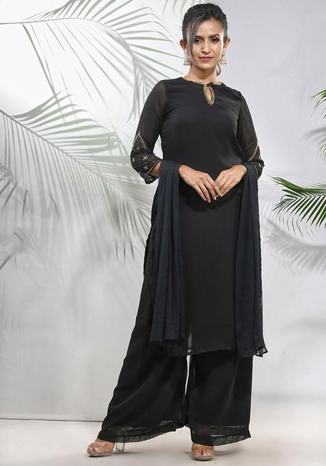 Black Embroidered Georgette Kurta Set