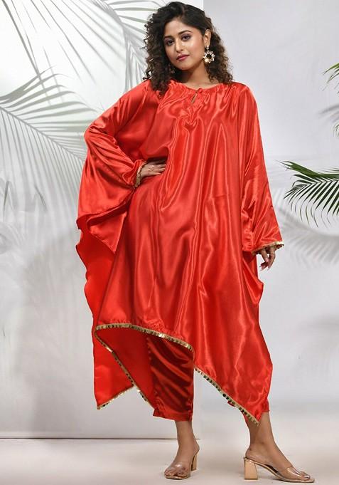 Red Solid Satin Kurta Set