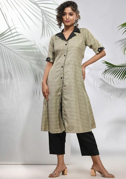 Beige Solid Poly Silk Kurta Set