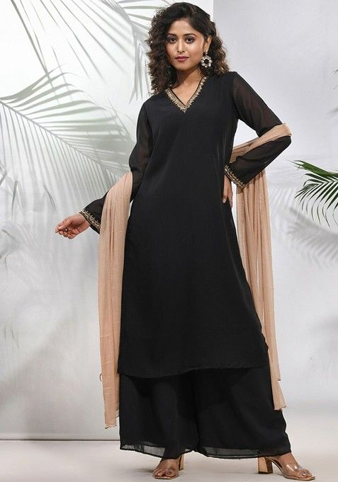 Black Embroidered Georgette Kurta Set