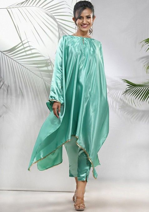 Green Solid Satin Kurta Set