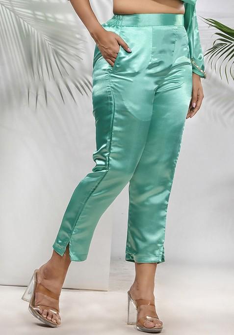 Green Solid Satin Kurta Set