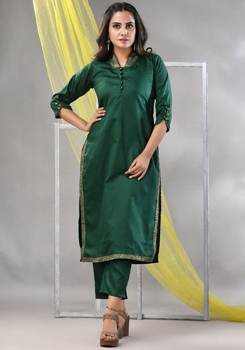 Green Solid Satin Kurta Set