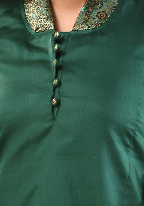 Green Solid Satin Kurta Set