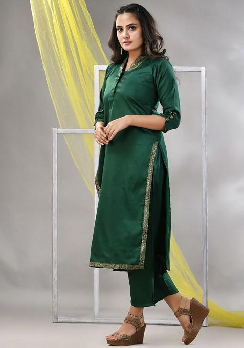 Green Solid Satin Kurta Set