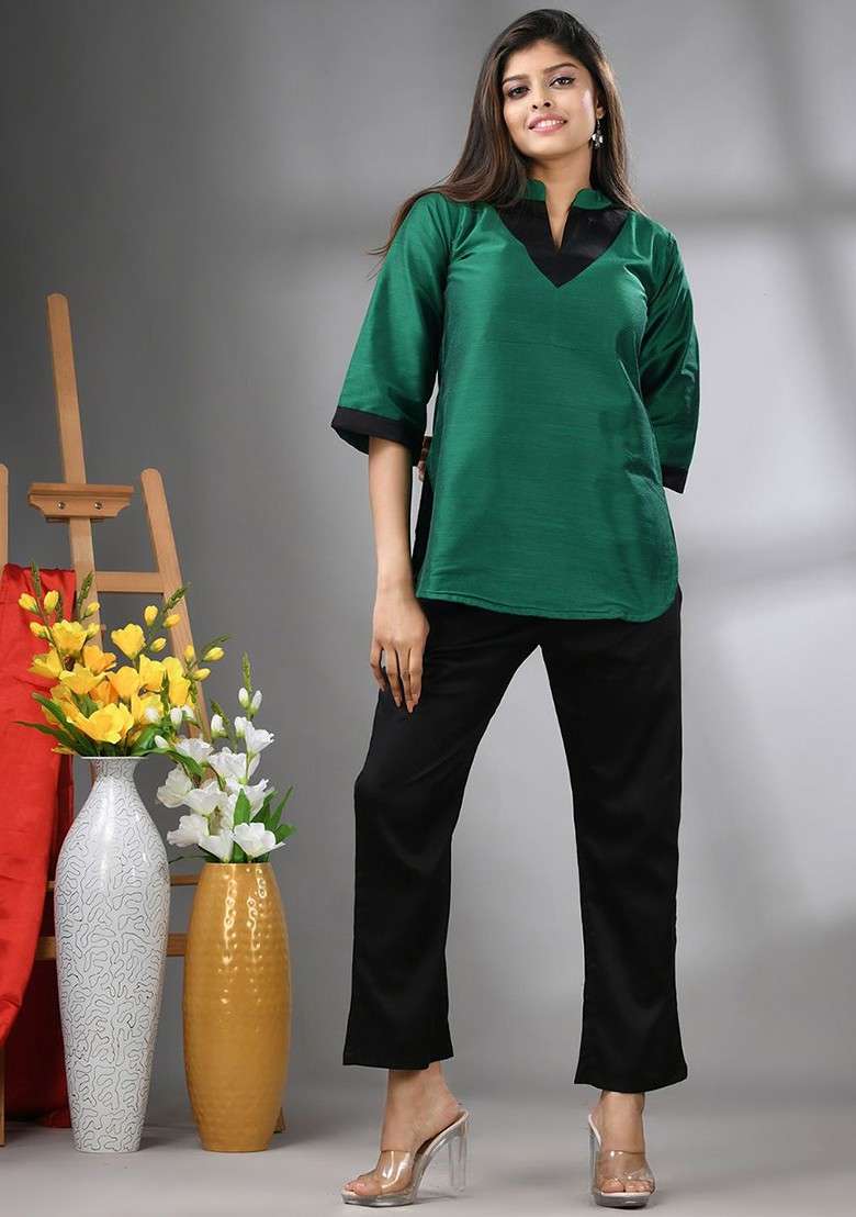 Green Solid Silk Blend Co Ord Set for Diwali | Wedding & Festive Wear - Indya