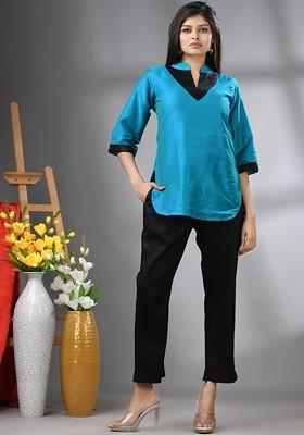 Blue Solid Bangalore Silk Co-Ord Set